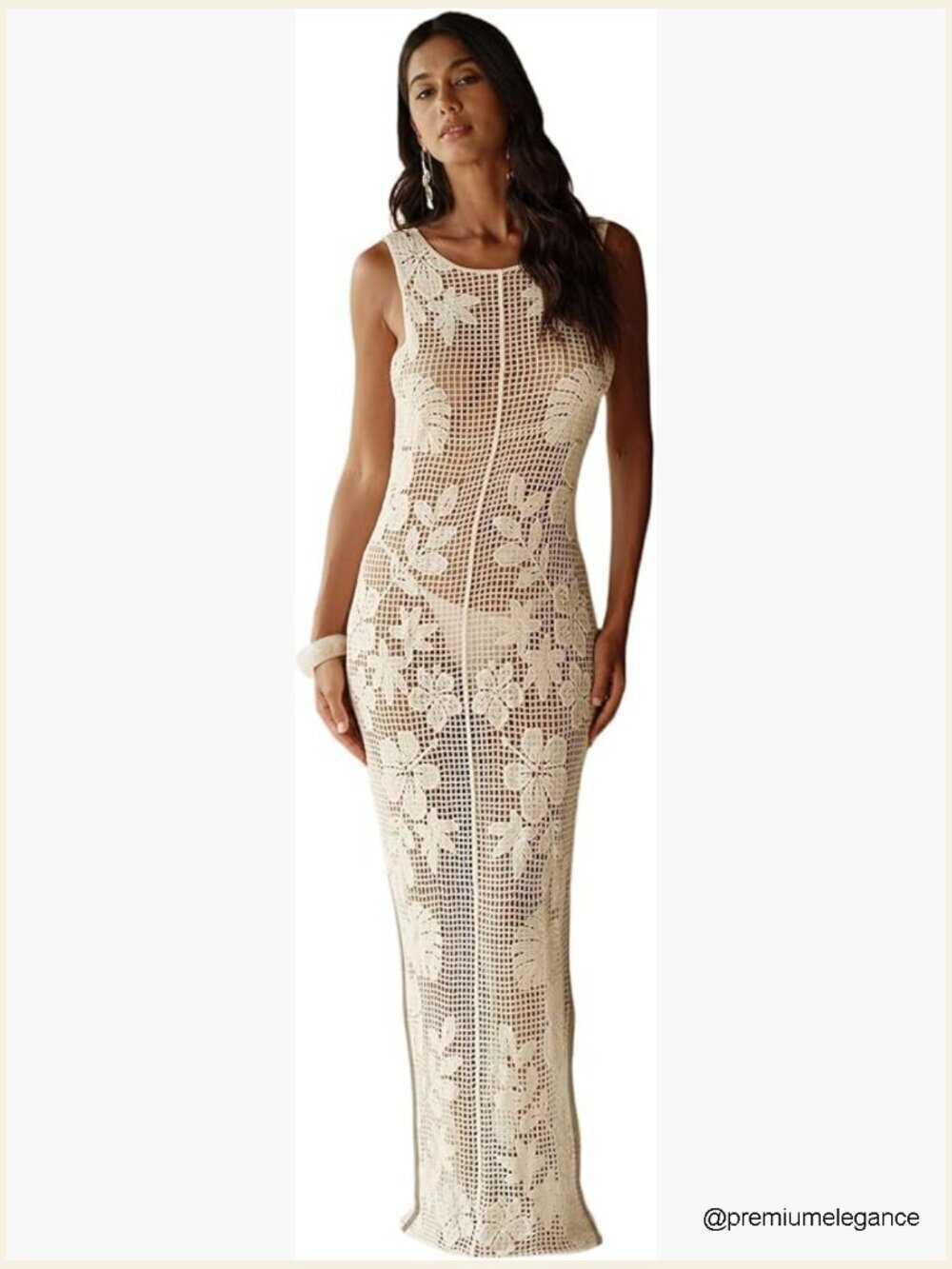 Floral Crochet Sheer Cover Up Maxi Beach Dress Hollow Out Sleeveless